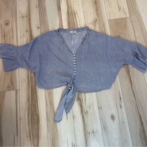 Passport Blue & White Striped Button Crop Top With Bell Sleeves Size XL